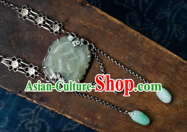 China Handmade National Silver Jewelry Accessories Traditional Jade Carving Lotus Necklace Pendant