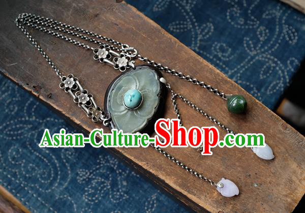 Handmade China Traditional Jade Carving Lotus Necklace Pendant National Silver Jewelry Accessories