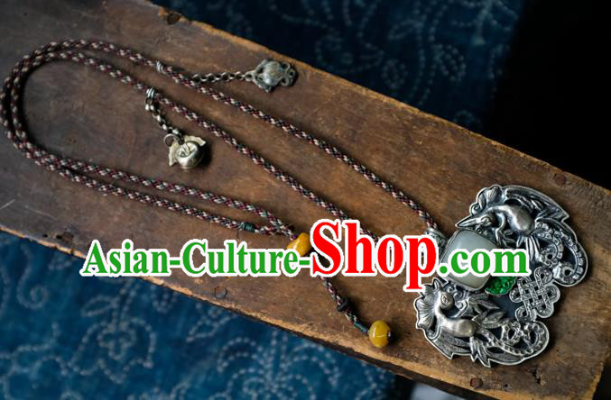 Handmade China Traditional Jade Necklace Accessories National Silver Carving Jewelry Pendant