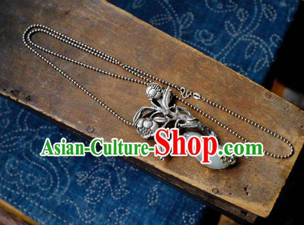 Handmade China Traditional White Jade Necklace Accessories National Silver Carving Flowers Jewelry Pendant