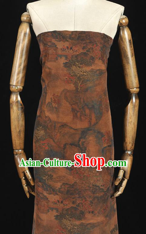 Top Silk Fabric Chinese Cheongsam Gambiered Guangdong Gauze Traditional Pavilion Pattern Brown Silk Drapery