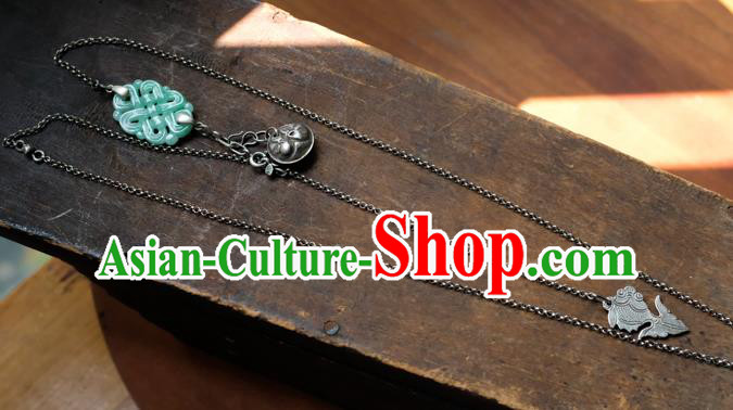 Handmade China National Women Jewelry Silver Carving Accessories Traditional Jade Necklace Pendant