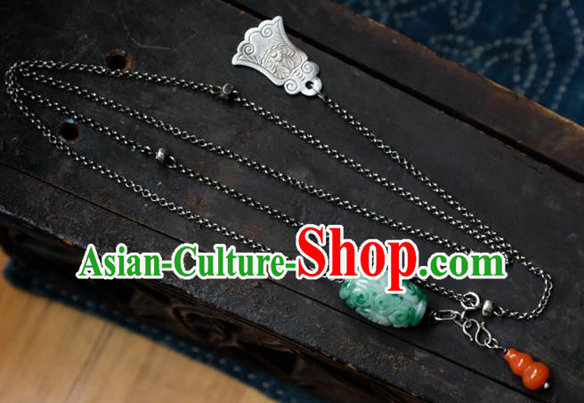 Handmade China National Women Silver Jewelry Red Agate Gourd Accessories Traditional Jade Pray wheel Necklace Pendant