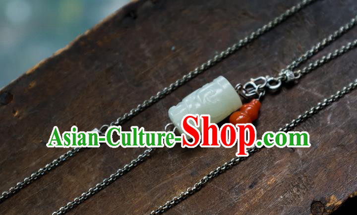 Handmade China Traditional White Jade Necklace Pendant National Women Red Agate Gourd Jewelry Silver Accessories