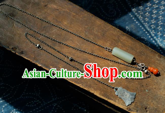 Handmade China Silver Accessories National Women Red Agate Gourd Jewelry Traditional White Jade Necklace Pendant