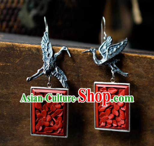 China Traditional Vermilion Seal Jewelry Handmade Silver Carving Crane Ear Accessories National Earrings