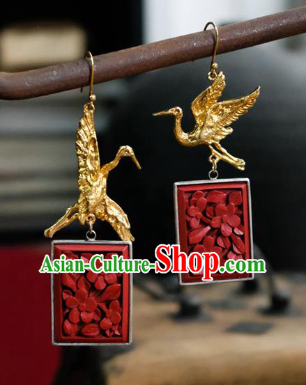 China Handmade Golden Crane Ear Accessories National Earrings Traditional Vermilion Seal Jewelry