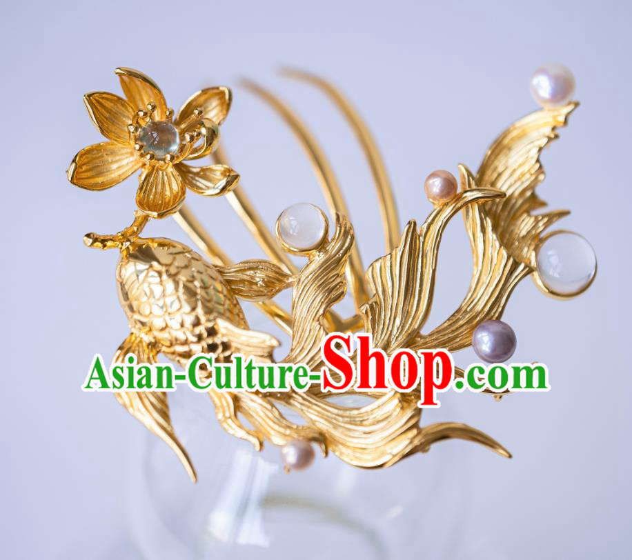 China Ancient Hanfu Gilding Fish Lotus Hair Comb Court Hair Accessories Traditional Ming Dynasty Empress Hairpin