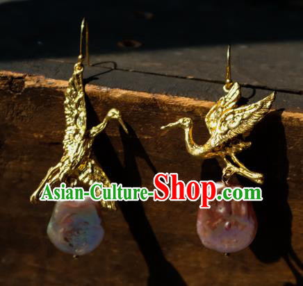 China Handmade Golden Crane Ear Accessories National Earrings Traditional Pink Stone Jewelry