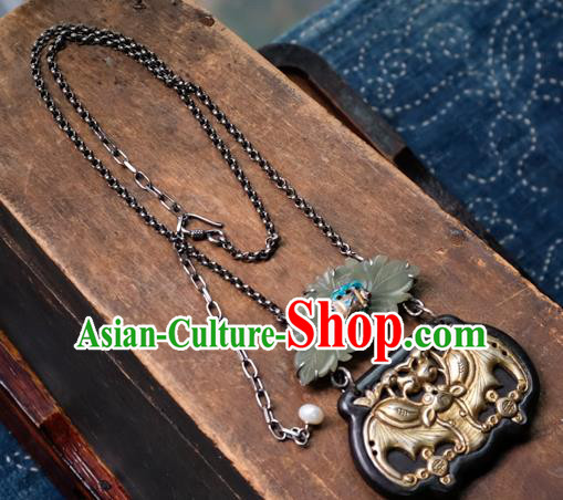 Handmade China Golden Bat Accessories Traditional Silver Carving Necklace Pendant National Women Jade Lotus Jewelry