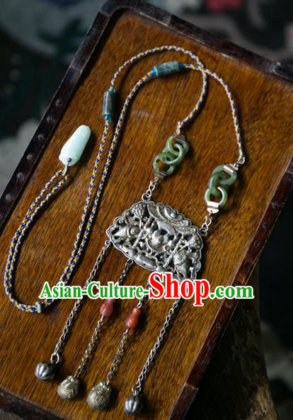 Handmade China Silver Carving Bat Accessories Traditional Necklace Pendant National Women Jade Ring Jewelry