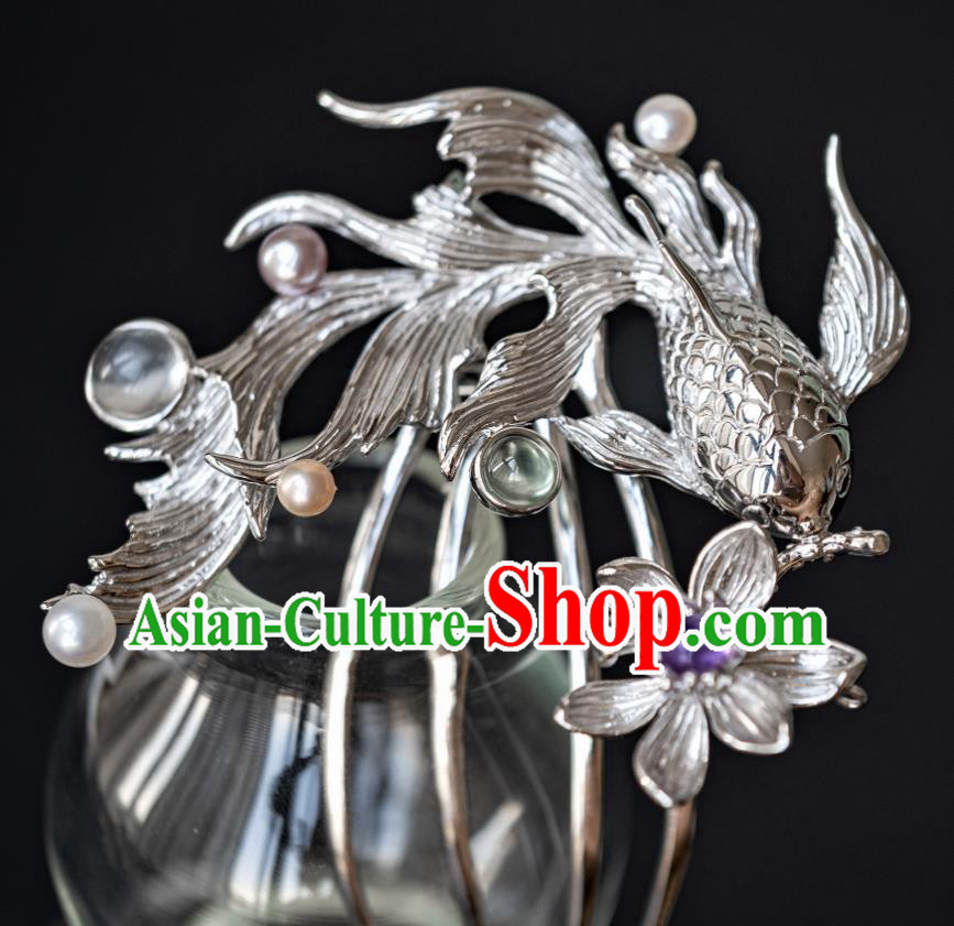 China Ancient Hanfu Argent Fish Lotus Hair Comb Traditional Ming Dynasty Empress Hairpin Court Hair Accessories