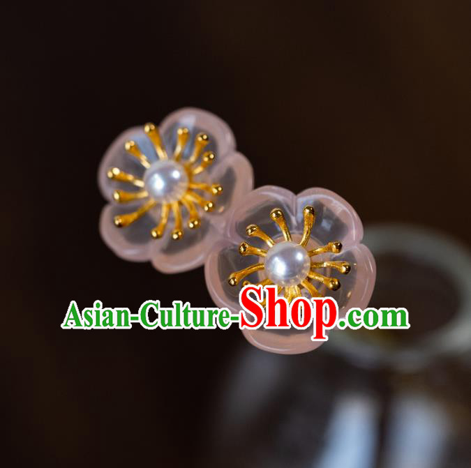 China Traditional Court Rose Quartz Hair Accessories Ming Dynasty Hanfu Plum Blossom Hair Clip Ancient Princess Hairpin