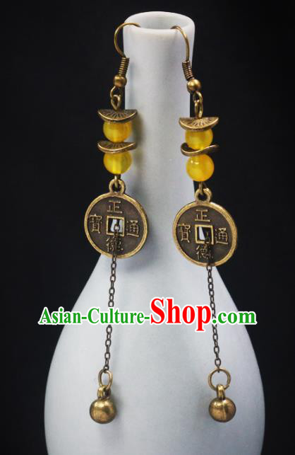 Handmade Chinese National Bells Tassel Ear Accessories Traditional Copper Cash Earrings