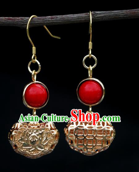 Handmade Chinese National Longevity Lock Ear Accessories Traditional Hollow Golden Earrings