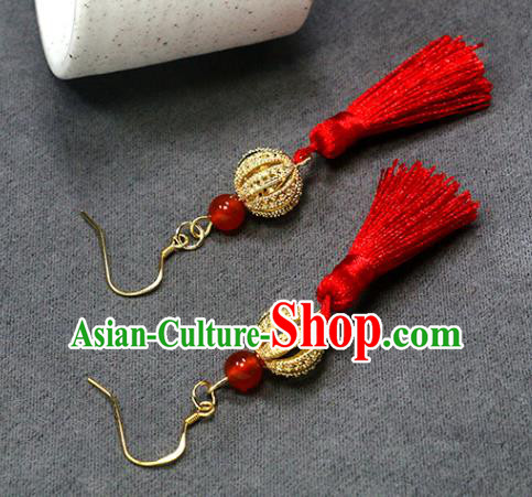 Handmade Chinese Hanfu Red Tassel Earrings Traditional National Wedding Golden Lantern Ear Accessories