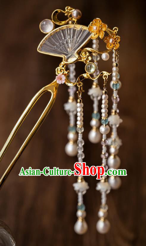 China Ancient Court Crystal Fan Hair Accessories Traditional Ming Dynasty Princess Pearls Tassel Hairpin Hanfu Step Shake