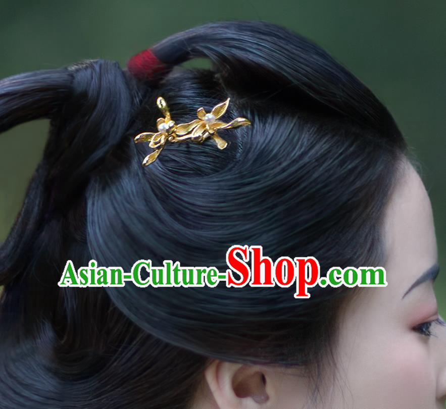 China Traditional Ming Dynasty Gilding Orchid Hairpin Hanfu Hair Accessories Ancient Court Hair Stick