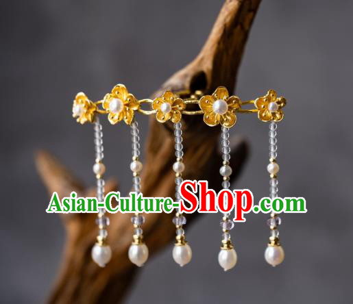 China Ancient Court Lady Tassel Hair Stick Peach Blossom Hairpin Traditional Ming Dynasty Hanfu Pearls Hair Accessories