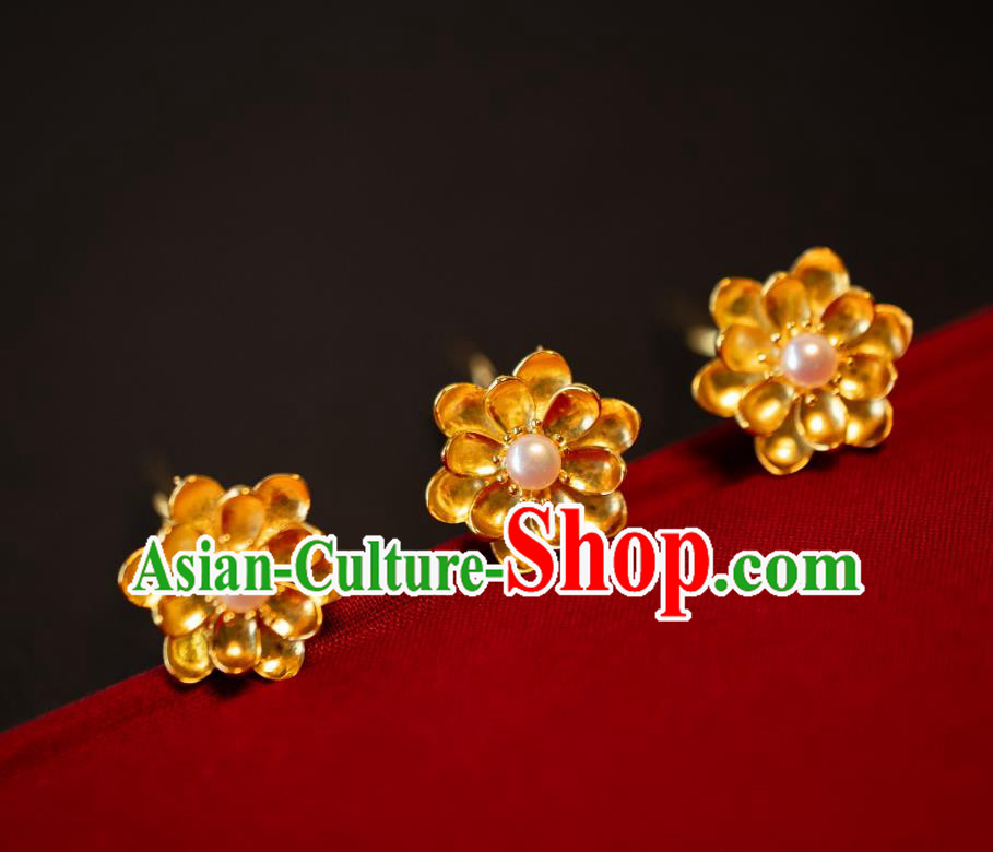 China Tang Dynasty Hanfu Little Hair Clips Ancient Princess Pearl Hairpin Traditional Gilding Lotus Hair Accessories