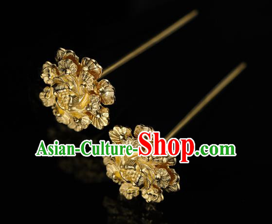 China Traditional Golden Peony Hair Accessories Handmade Ancient Empress Hairpin Ming Dynasty Hanfu Hair Stick for Women