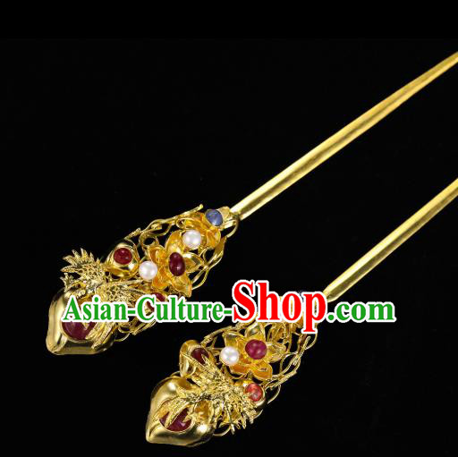 China Traditional Gems Hair Accessories Handmade Ming Dynasty Hanfu Hair Stick Ancient Empress Golden Plum Hairpin for Women