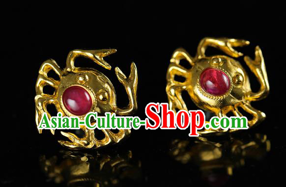 Handmade Chinese Traditional Ming Dynasty Gems Ear Accessories Jewelry Ancient Court Empress Golden Crab Earrings