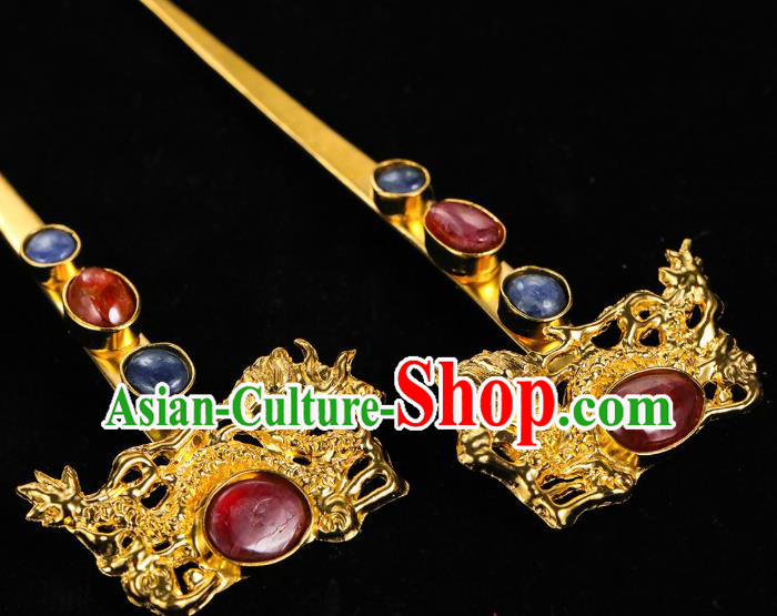 China Traditional Golden Dragon Hair Accessories Handmade Ming Dynasty Palace Gems Hair Clips Ancient Queen Hairpin for Women