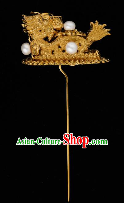 China Traditional Golden Dragon Hair Accessories Handmade Ming Dynasty Hair Stick Ancient Empress Pearls Hairpin for Women