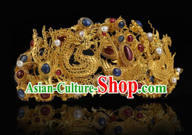 China Traditional Court Hair Accessories Handmade Ming Dynasty Gems Hair Crown Ancient Empress Golden Dragon Hairpin for Women