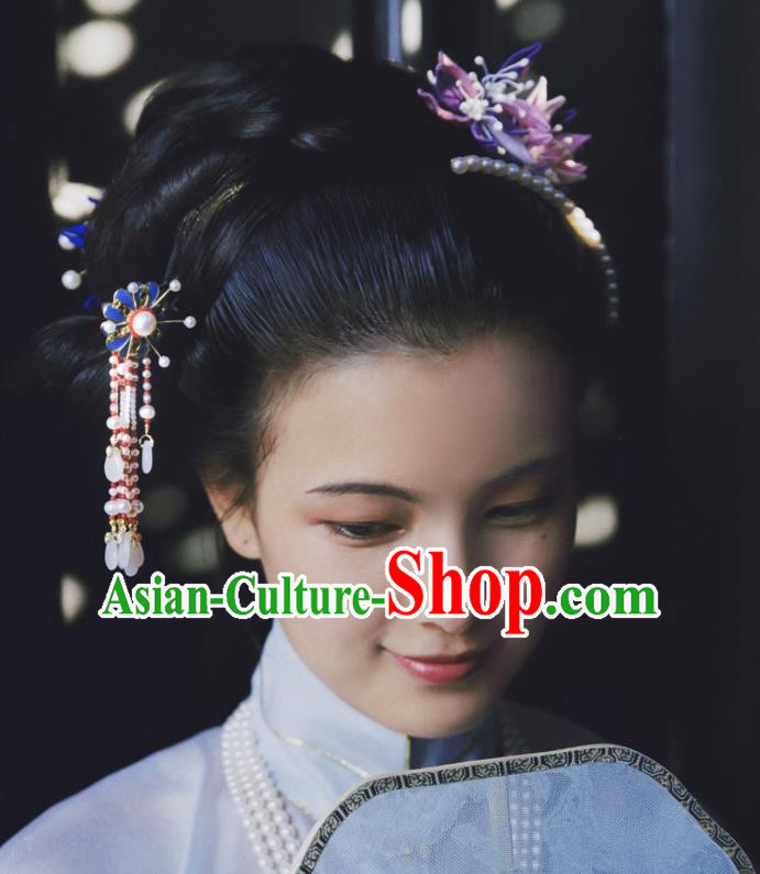 China Ming Dynasty Noble Woman Hair Accessories Traditional Hanfu Tassel Step Shake Ancient Enamel Hairpin