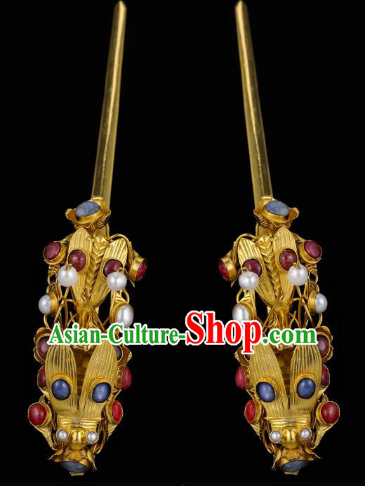 China Traditional Handmade Hair Accessories Ming Dynasty Gems Hair Stick Ancient Queen Golden Cicada Hairpin for Women