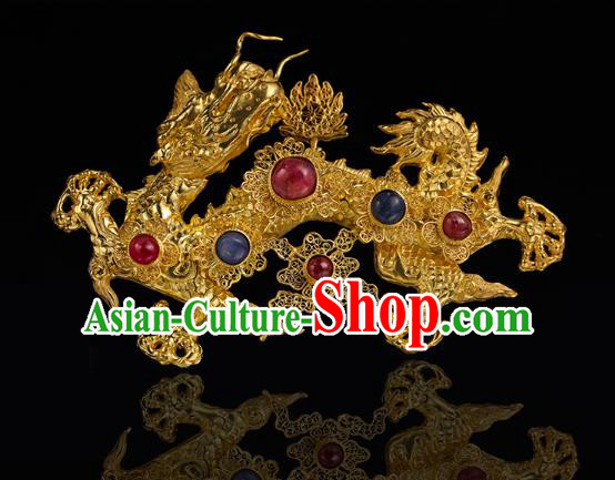 China Traditional Handmade Filigree Hair Accessories Ming Dynasty Golden Dragon Hair Crown Ancient Queen Gems Hairpin for Women