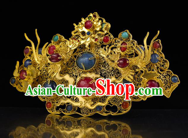 China Traditional Ming Dynasty Golden Cloud Hair Crown Handmade Filigree Hair Accessories Ancient Queen Gems Hairpin for Women