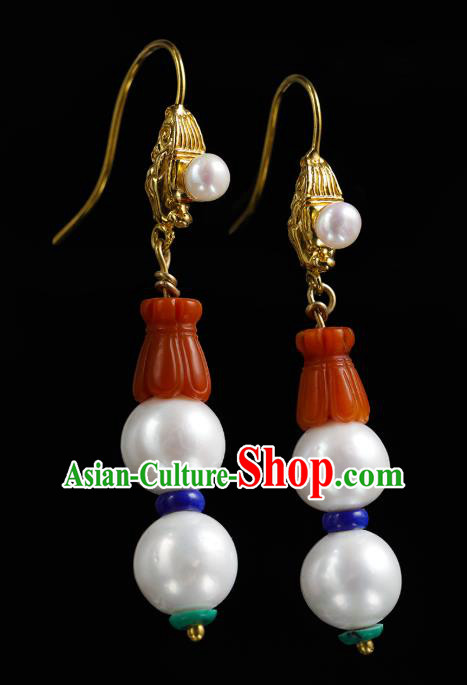 Handmade Chinese Traditional Qing Dynasty Pearls Ear Accessories Jewelry Ancient Court Woman Gourd Earrings