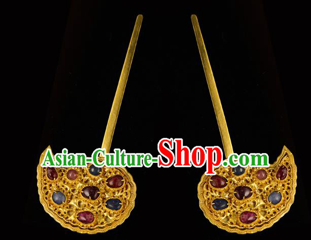 China Traditional Ming Dynasty Gems Hair Crown Handmade Hair Accessories Ancient Queen Golden Hairpin for Women