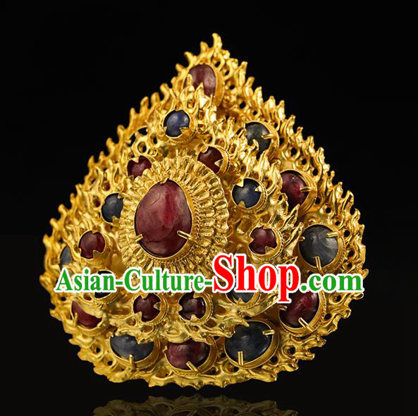 China Handmade Hair Accessories Ancient Empress Golden Gems Hairpin Traditional Ming Dynasty Flame Hair Crown for Women