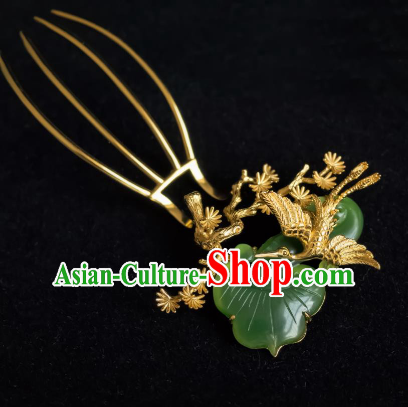 China Ming Dynasty Jade Hairpin Traditional Hanfu Hair Accessories Ancient Noble Woman Pine Crane Hair Comb