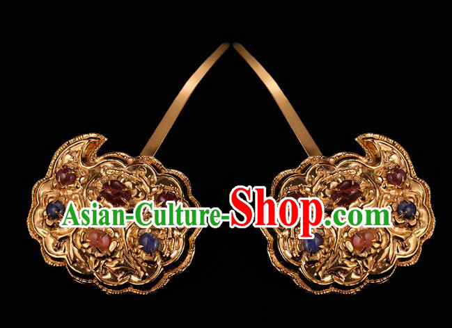 China Handmade Court Hair Accessories Ancient Empress Gems Hairpins Traditional Ming Dynasty Golden Hair Sticks