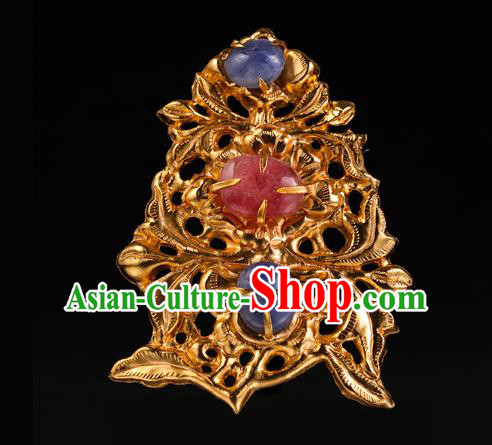 China Traditional Ming Dynasty Gems Hair Crown Handmade Hair Accessories Ancient Queen Golden Hairpin