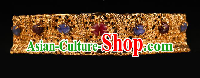 China Traditional Ming Dynasty Golden Hair Crown Handmade Hair Accessories Ancient Queen Gems Hairpin Hair Stick