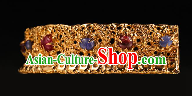 China Traditional Ming Dynasty Golden Hair Crown Handmade Hair Accessories Ancient Queen Gems Hairpin Hair Stick