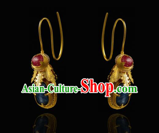 Handmade Chinese Traditional Ming Dynasty Lapis Ear Accessories Ancient Court Woman Golden Earrings Jewelry