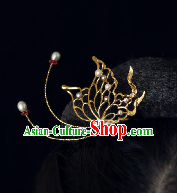 China Ming Dynasty Pearls Butterfly Hairpin Traditional Hanfu Hair Accessories Ancient Noble Lady Xue Baochai Hair Stick