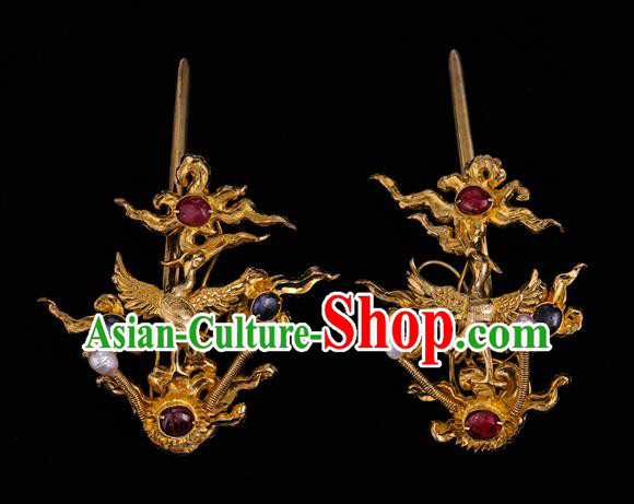 Handmade Chinese Ming Dynasty Court Ear Accessories Traditional Ancient Empress Golden Crane Earrings Gems Jewelry