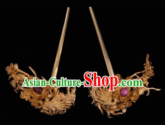 China Ancient Hanfu Golden Phoenix Hair Stick Handmade Hair Accessories Traditional Ming Dynasty Court Plum Blossom Hairpin