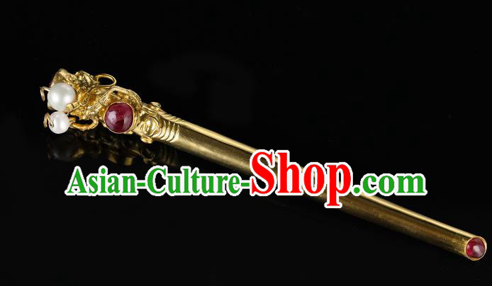 China Ancient Queen Hanfu Gems Hair Stick Handmade Hair Accessories Traditional Ming Dynasty Court Empress Golden Hairpin