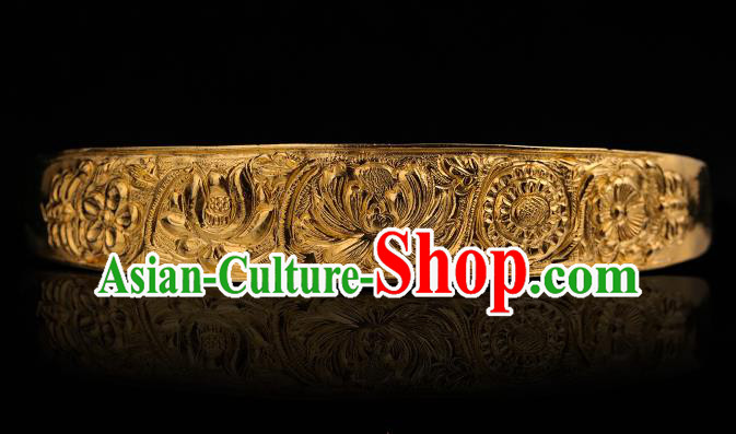 China Ancient Empress Hanfu Golden Hairpin Handmade Hair Accessories Traditional Ming Dynasty Court Carving Lotus Hair Crown