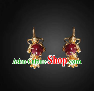 Handmade Chinese Ming Dynasty Pearls Ear Accessories Traditional Ancient Empress Golden Gems Earrings Jewelry