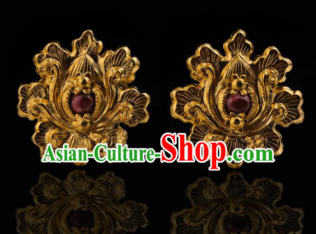 China Traditional Ming Dynasty Gems Hairpin Handmade Hair Accessories Ancient Queen Golden Lotus Hair Sticks